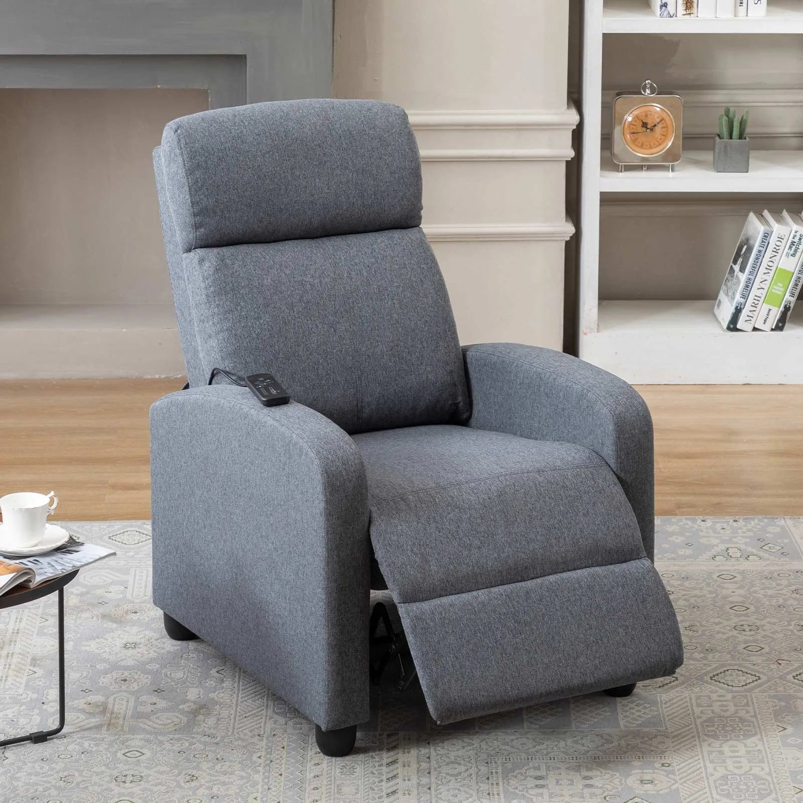 gray recliner with heat and vibration