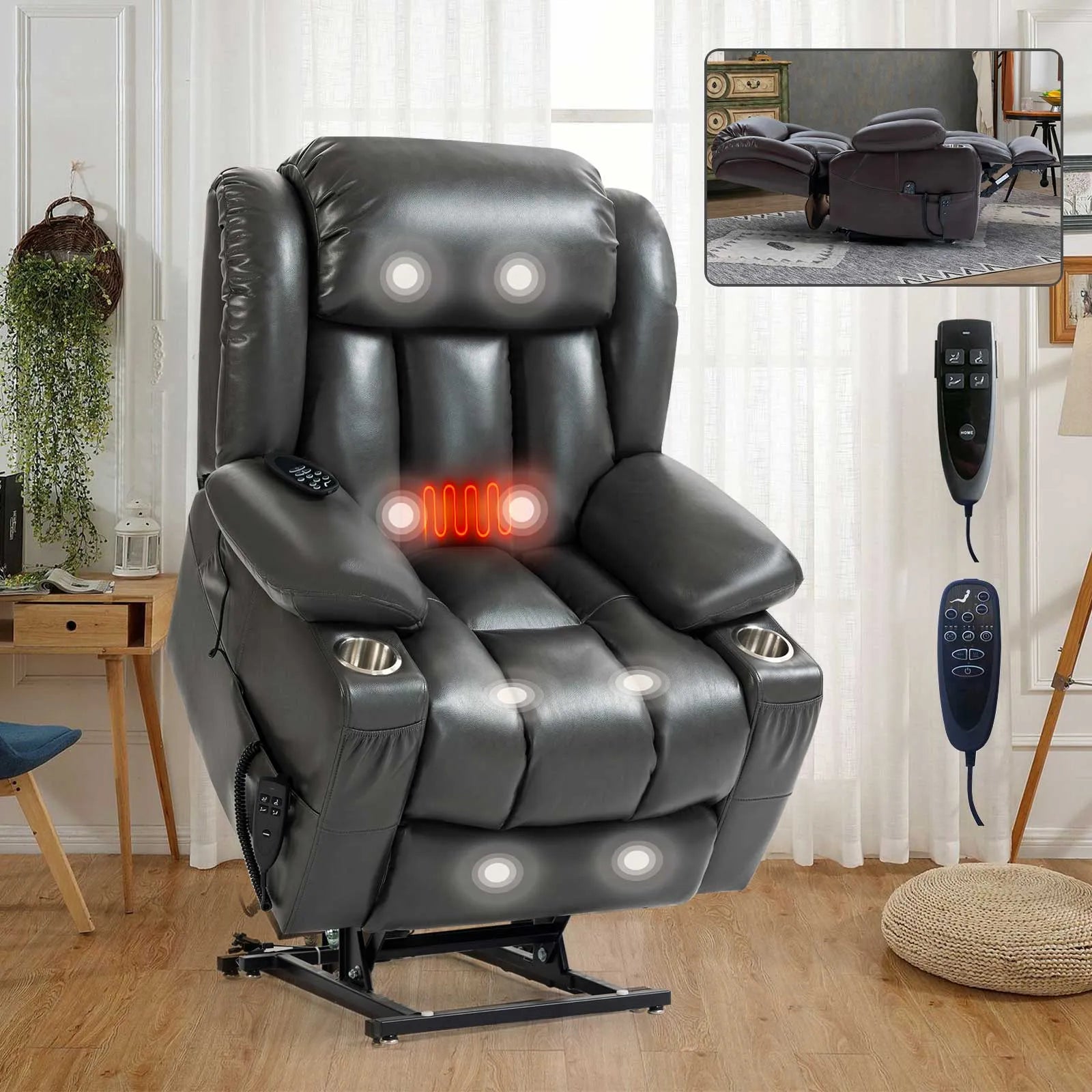 black leather lift recliner chair with heat and massage