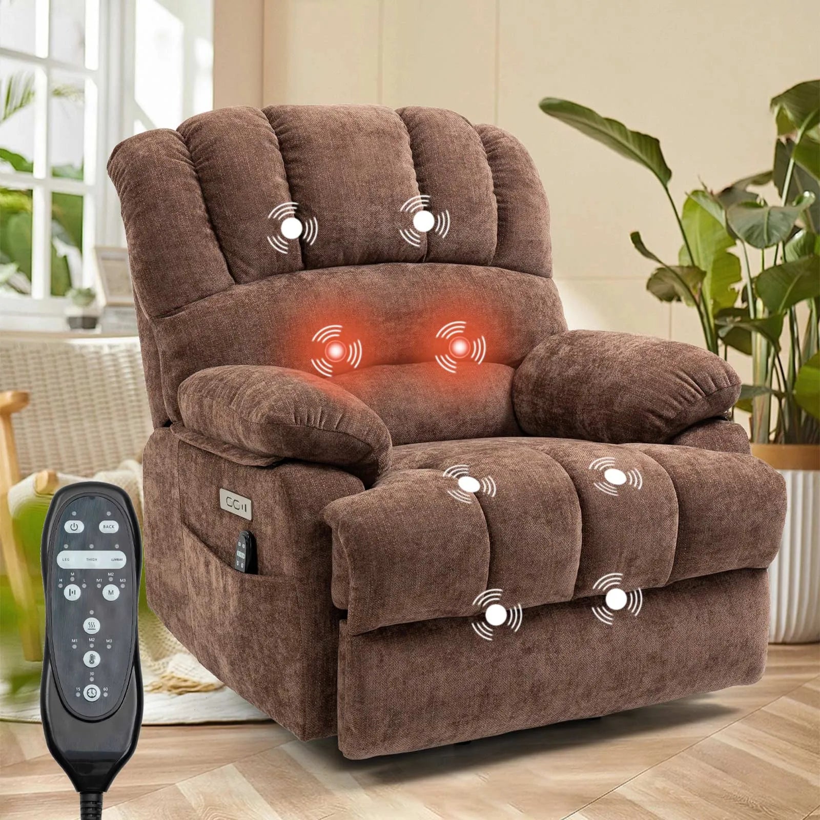 Power Lift Remote Recliner Chair for Elderly, Linen Fabric Upholstery,  Brown