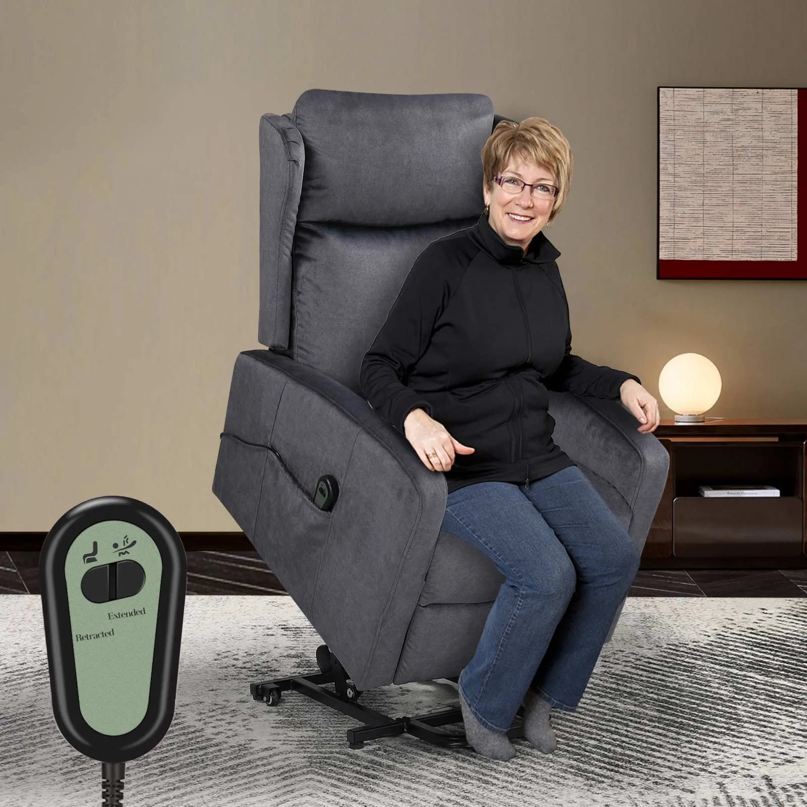 dark gray lift recliner chair with remote control